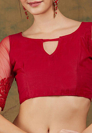 Embroidered Net Saree in Red