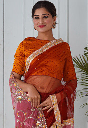 Embroidered Net Saree in Rust and Pink