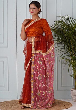 Embroidered Net Saree in Rust and Pink