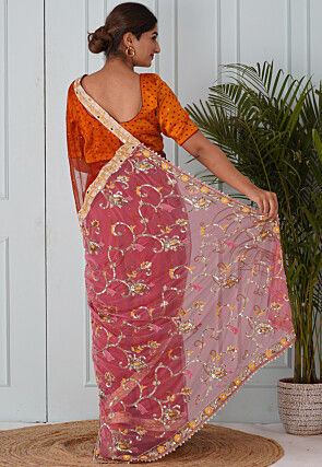 Embroidered Net Saree in Rust and Pink