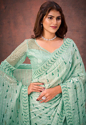 Embroidered Net Saree in Sea Green