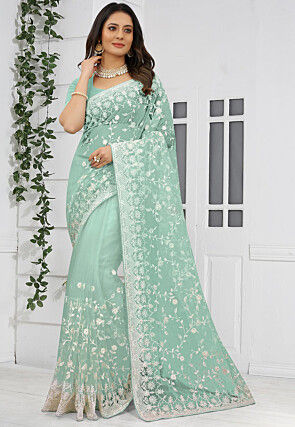 Embroidered Net Saree in Sea Green
