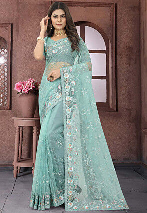 Embroidered Net Saree in Sea Green