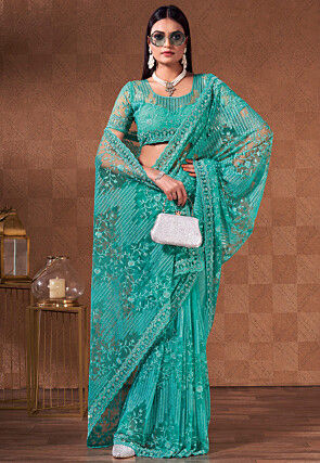 Embroidered Net Saree in Sea Green