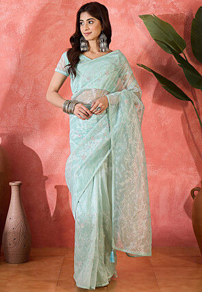 Embroidered Net Saree in Sea Green