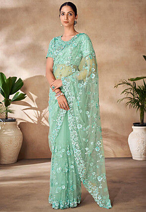 Embroidered Net Saree in Sea Green