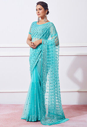 Embroidered Net Saree in Sky Blue