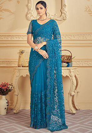 Embroidered Net Saree in Teal Blue