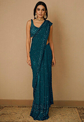 Embroidered Net Saree in Teal Blue