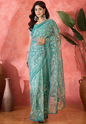 Embroidered Super Net Saree in Turquoise