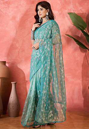 Embroidered Super Net Saree in Turquoise
