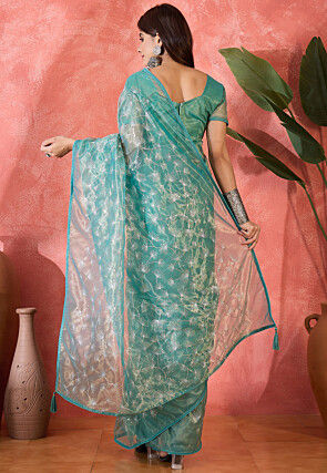 Embroidered Super Net Saree in Turquoise