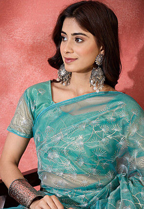 Embroidered Super Net Saree in Turquoise