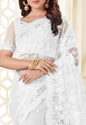 Embroidered Net Saree in White