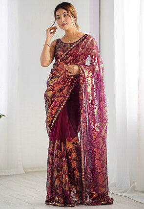 Embroidered Net Saree in Wine