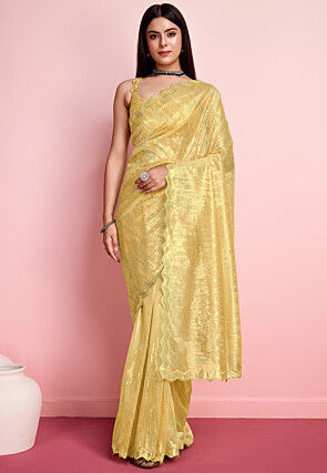 Embroidered Net Saree in Yellow