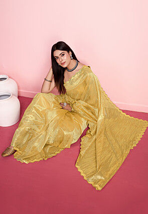 Embroidered Net Saree in Yellow