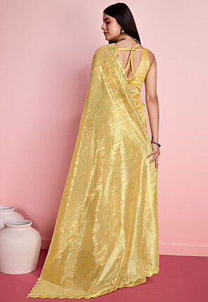 Embroidered Net Saree in Yellow