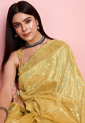 Embroidered Net Saree in Yellow