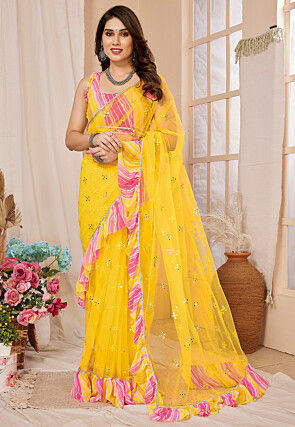 Embroidered Net Saree in Yellow
