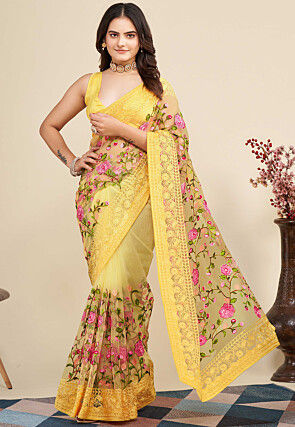 Embroidered Net  Saree in Yellow