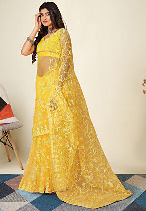Embroidered Net Saree in Yellow