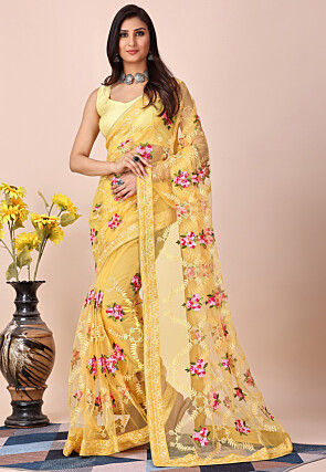Embroidered Net Saree in Yellow