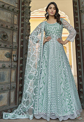 Embroidered Net Scalloped Abaya Style Suit in Light Blue