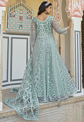 Embroidered Net Scalloped Abaya Style Suit in Light Blue