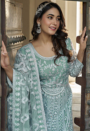 Embroidered Net Scalloped Abaya Style Suit in Light Blue