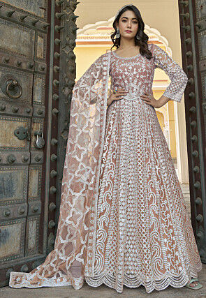 Embroidered Net Scalloped Abaya Style Suit in Peach
