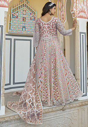 Embroidered Net Scalloped Abaya Style Suit in Peach