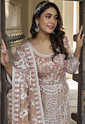 Embroidered Net Scalloped Abaya Style Suit in Peach