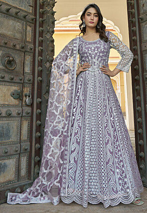 Embroidered Net Scalloped Abaya Style Suit in Purple
