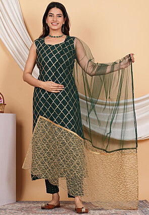 Embroidered Net Scalloped Dupatta in Dark Green and Beige
