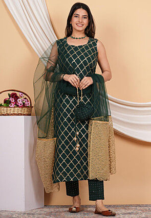 Embroidered Net Scalloped Dupatta in Dark Green and Beige