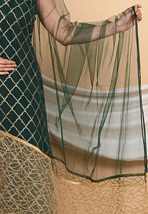 Embroidered Net Scalloped Dupatta in Dark Green and Beige