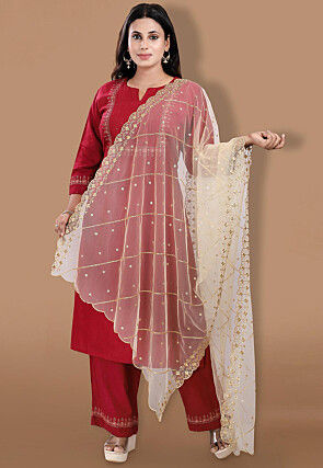 Embroidered Net Scalloped Dupatta in Golden