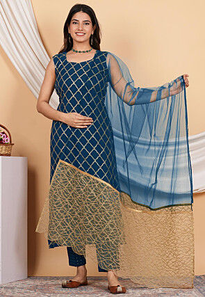 Embroidered Net Scalloped Dupatta in Teal Blue and Beige