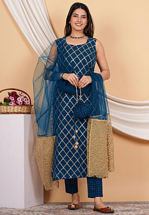Embroidered Net Scalloped Dupatta in Teal Blue and Beige