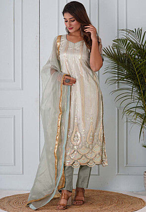 Embroidered Net Scalloped Hem Pakistani Suit in Pastel Green