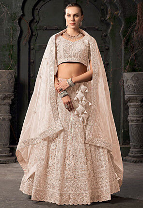 Embroidered Net Scalloped Lehenga in Beige