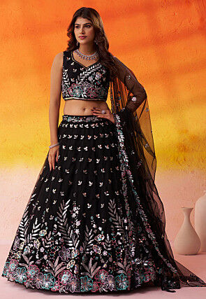 Embroidered Net Scalloped Lehenga in Black