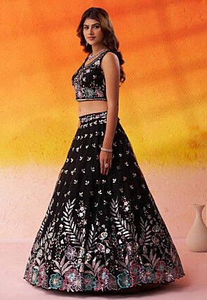 Embroidered Net Scalloped Lehenga in Black