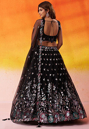 Embroidered Net Scalloped Lehenga in Black