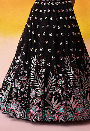 Embroidered Net Scalloped Lehenga in Black
