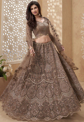 Embroidered Net Scalloped Lehenga in Fawn