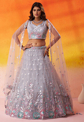 Embroidered Net Scalloped Lehenga in Light Grey