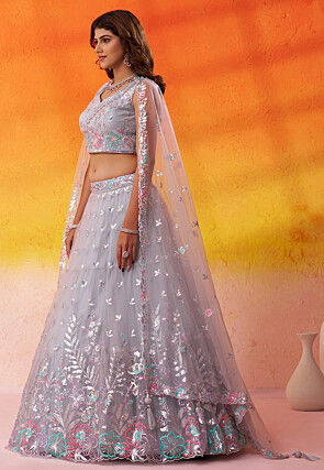 Embroidered Net Scalloped Lehenga in Light Grey
