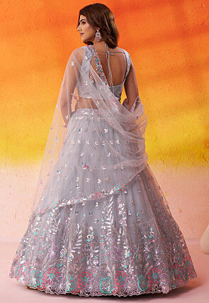 Embroidered Net Scalloped Lehenga in Light Grey